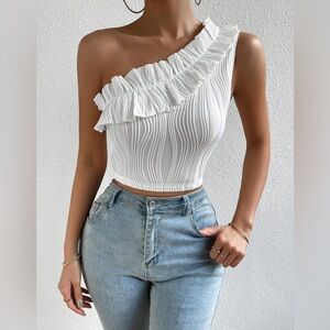 OYOANGLE | Womens Ruffle Trim One Shoulder Fitted Solid Crop Top size XL
